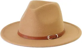 LolliWeaver Women Fashion Flat Wide Brim Teardrop Crown Felt Fedora Hat with Hat Belt