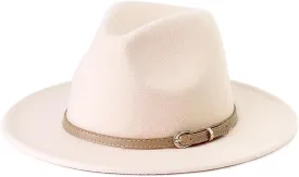 LolliWeaver Women Fashion Flat Wide Brim Teardrop Crown Felt Fedora Hat with Hat Belt