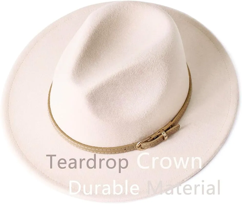 LolliWeaver Women Fashion Flat Wide Brim Teardrop Crown Felt Fedora Hat with Hat Belt