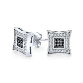Mens 10MM Square Black & White CZ Stud Earrings in Sterling Silver