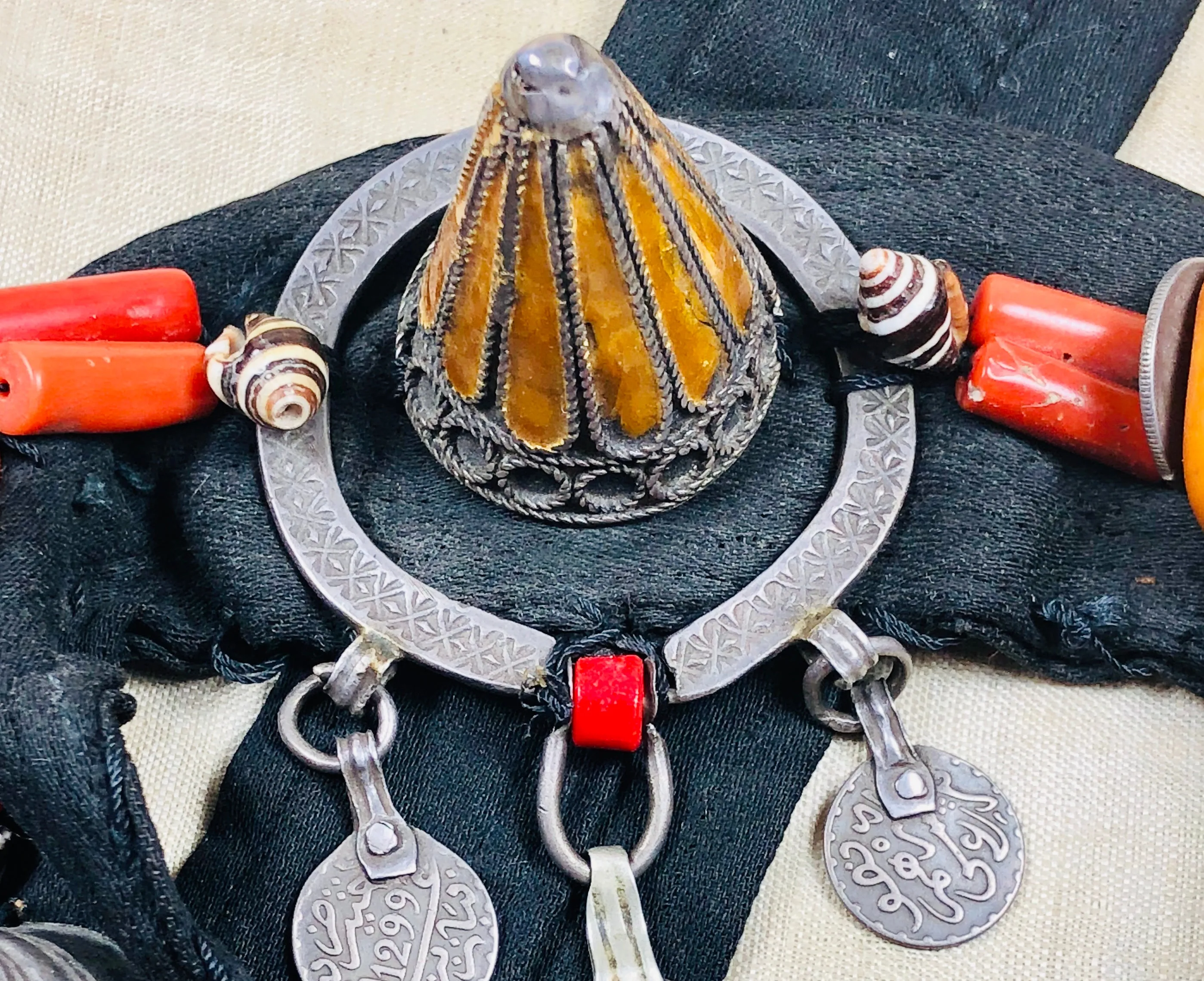Moroccan Enameled Silver Belt with Amber and Coral