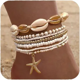 Nanafast Beaded Boho Anklets for Women, Beachy Shell Anklets for Women, Puka Shell & Starfish Charms Beach Jewelry Adjustable