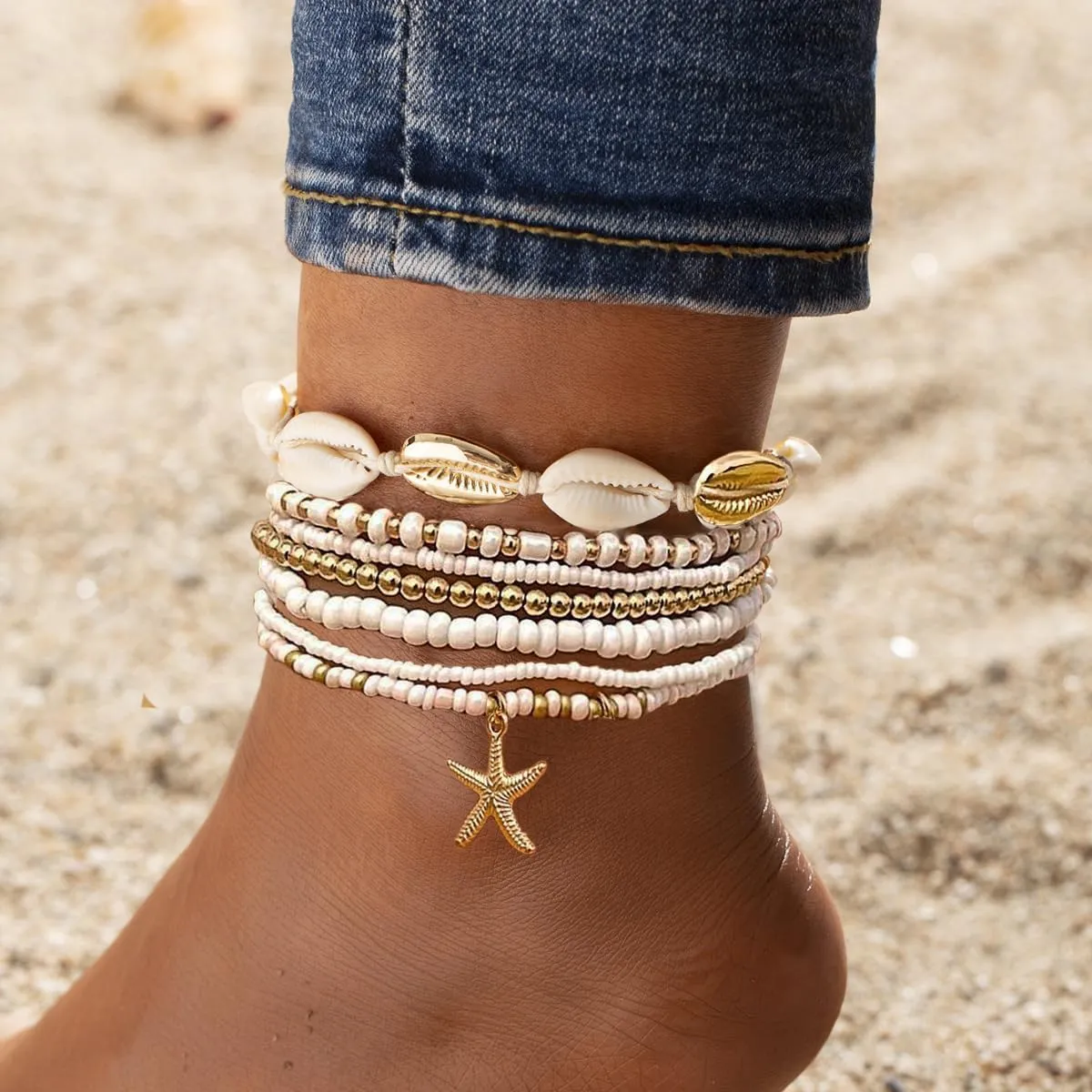 Nanafast Beaded Boho Anklets for Women, Beachy Shell Anklets for Women, Puka Shell & Starfish Charms Beach Jewelry Adjustable
