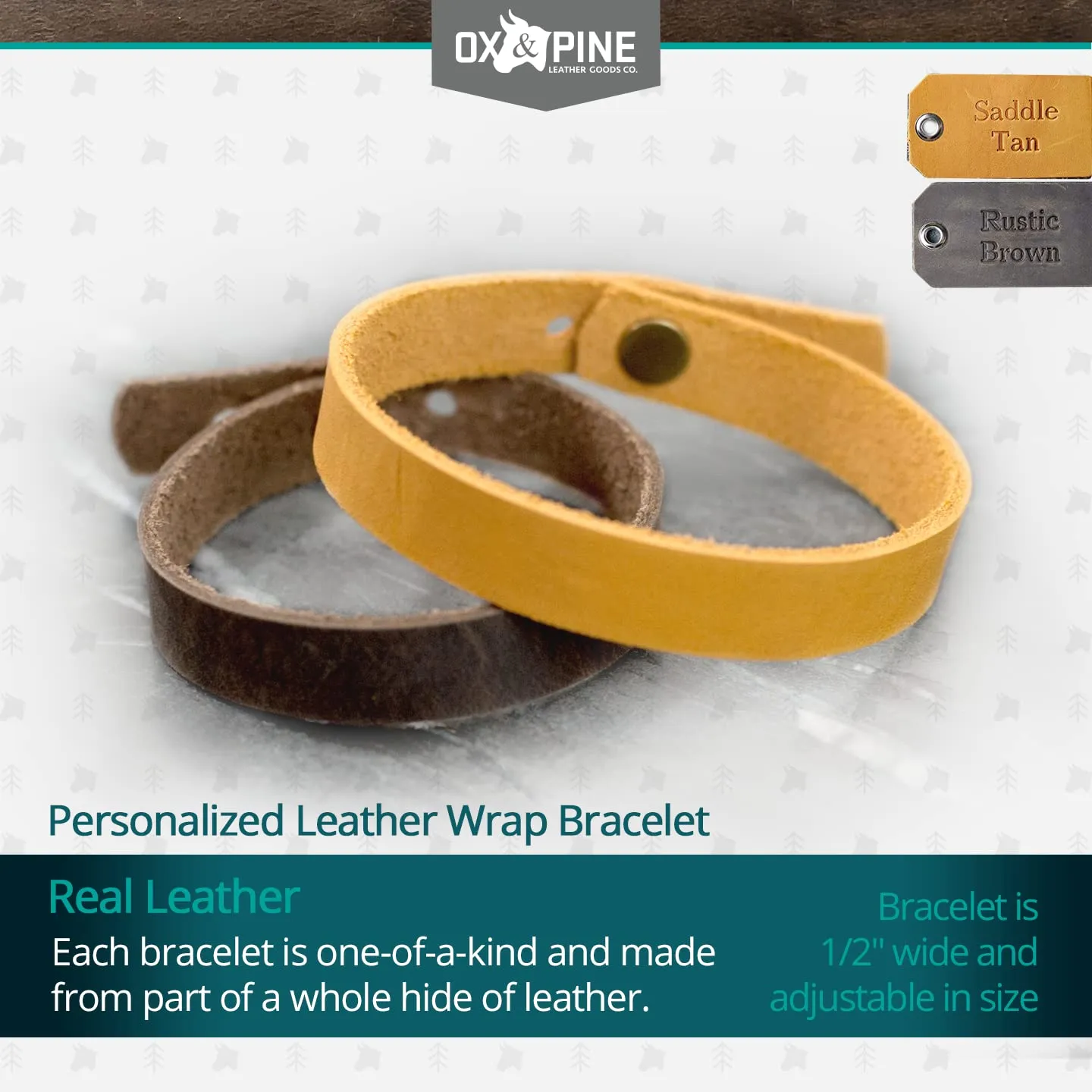 Ox & Pine Personalized Leather Wrap Bracelet - Customize Inscription- 100% Full-Grain Leather - .5 W (Small/Medium, Rustic Brown)