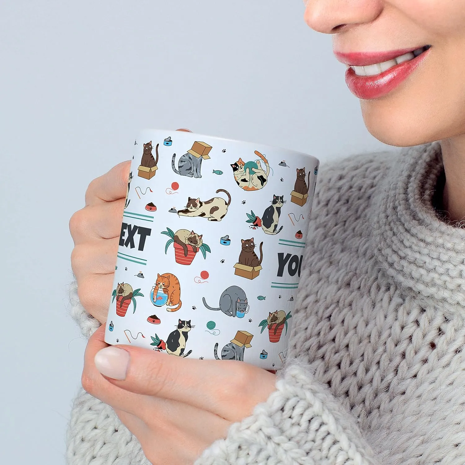 Personalized Mug for Kids - Cats - Custom Name/Text, Ceramic Hot Chocolate/Cocoa/Coffee Cup for Boys/Girls, Birthday/Christmas/Holiday Gift - 11 oz, Pink Handle