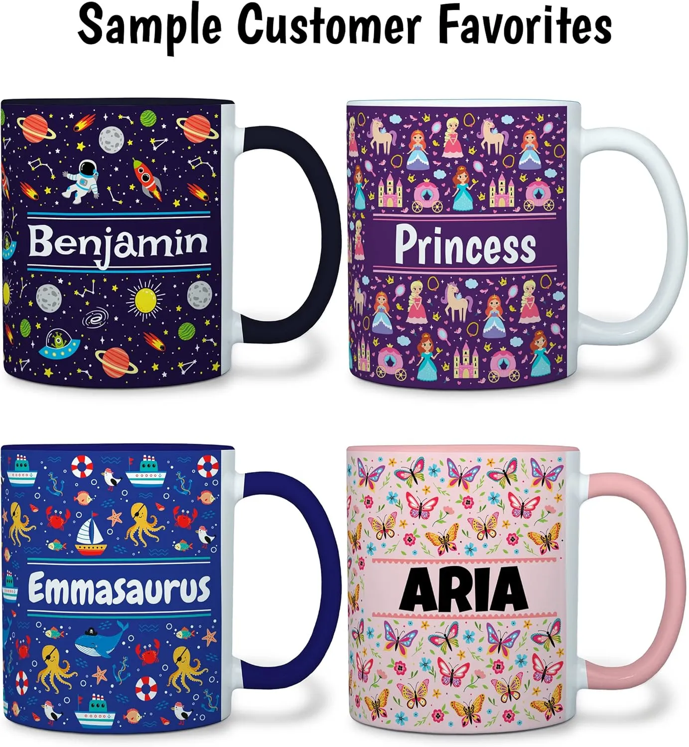Personalized Mug for Kids - Cats - Custom Name/Text, Ceramic Hot Chocolate/Cocoa/Coffee Cup for Boys/Girls, Birthday/Christmas/Holiday Gift - 11 oz, Pink Handle
