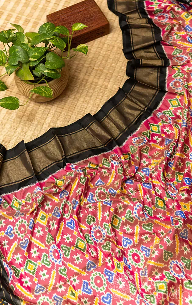 Pink Ikat silk dupatta with black zari border