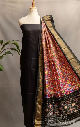 Pink Ikat silk dupatta with black zari border