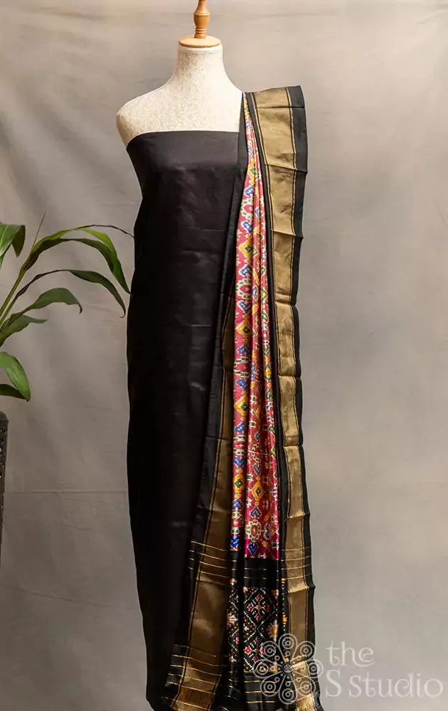 Pink Ikat silk dupatta with black zari border