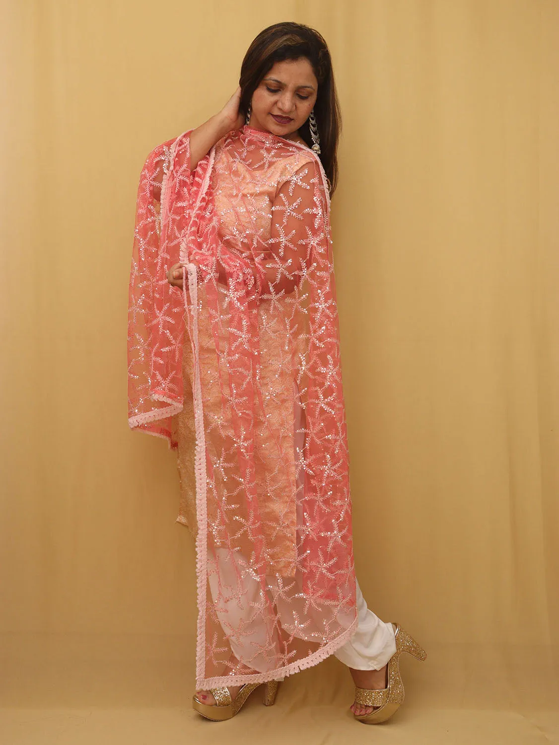 Pink Trendy Net Sequins Work Dupatta