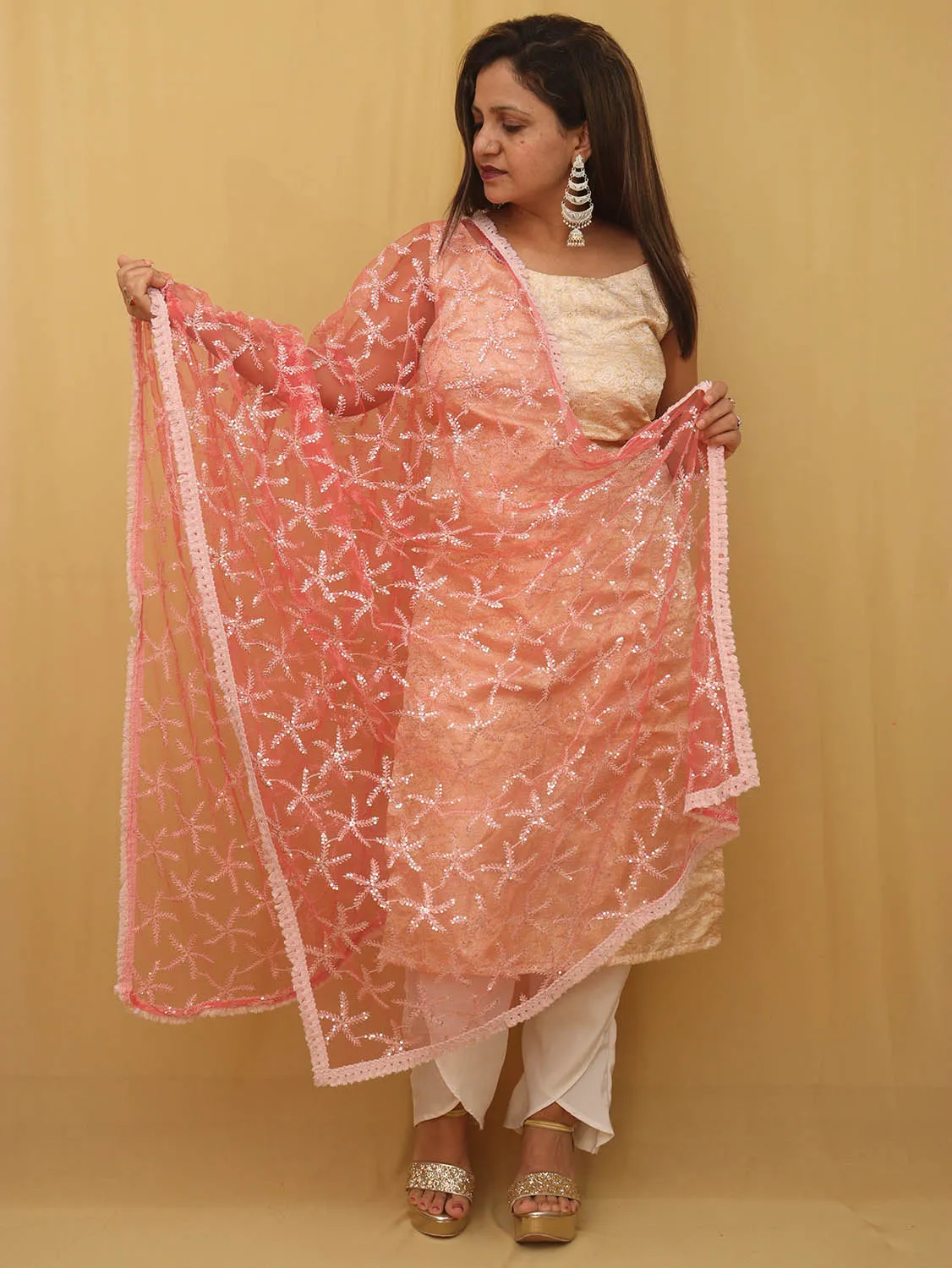 Pink Trendy Net Sequins Work Dupatta