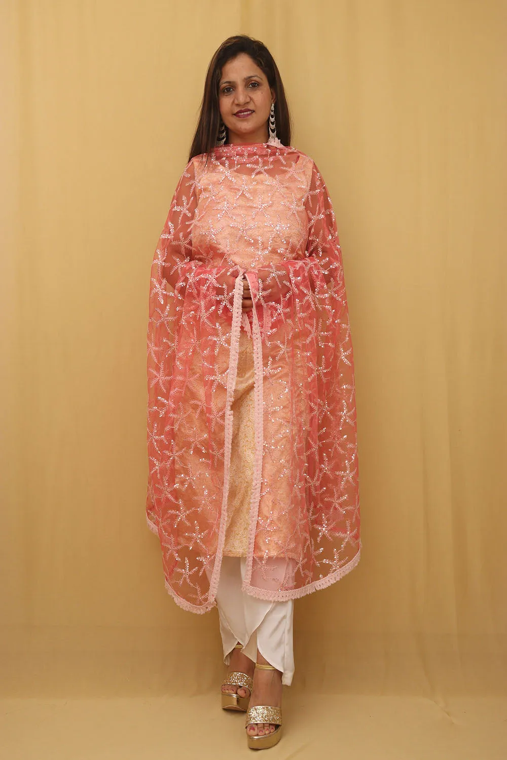 Pink Trendy Net Sequins Work Dupatta