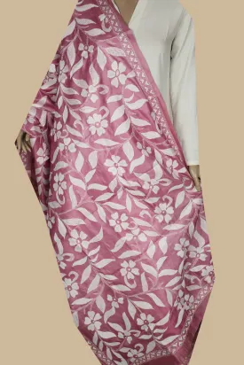 Pink with Garden Floral  Kantha Tussar Dupatta