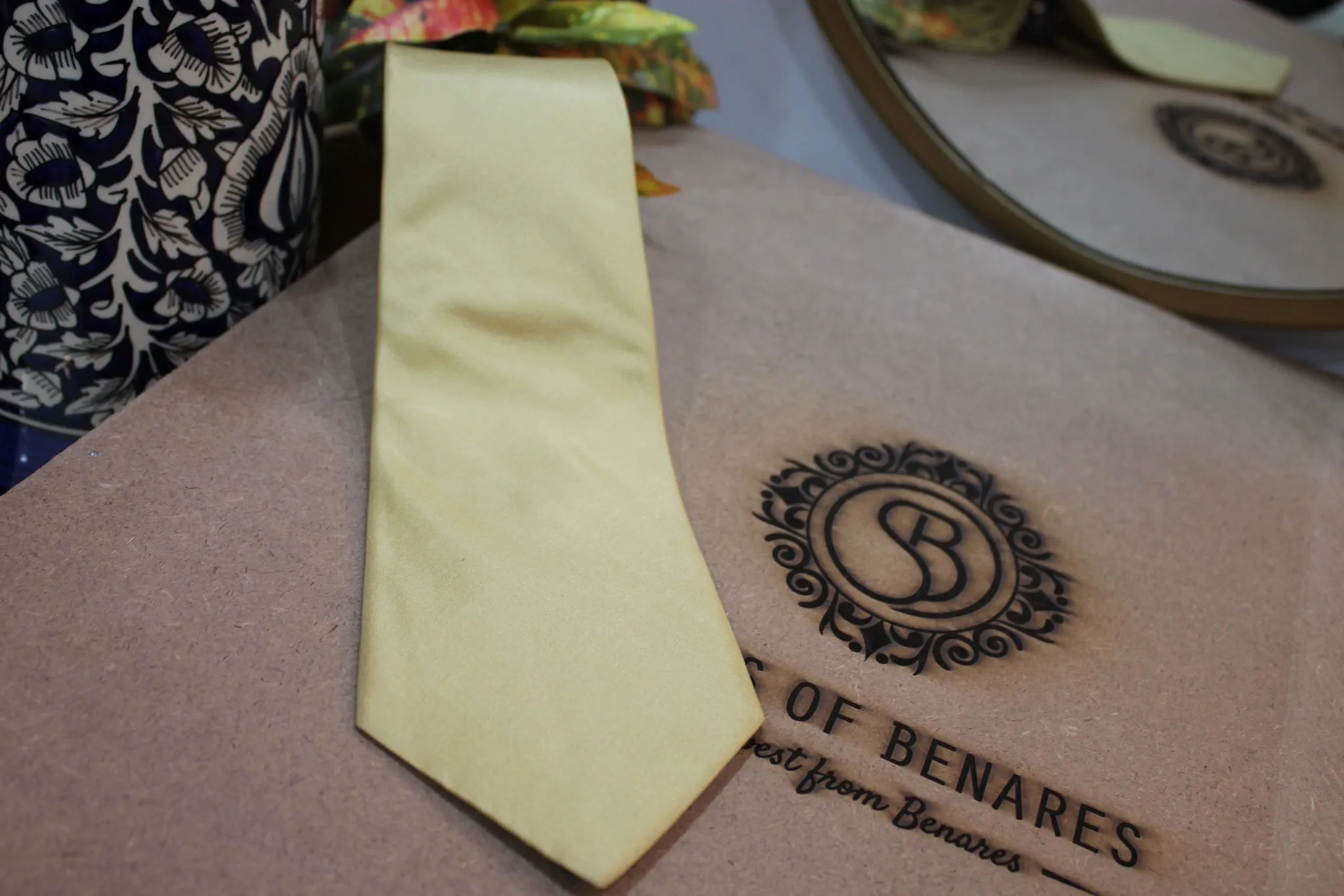 Plain Lemon Yellow Pure Banarasi Satin Silk Neck Tie