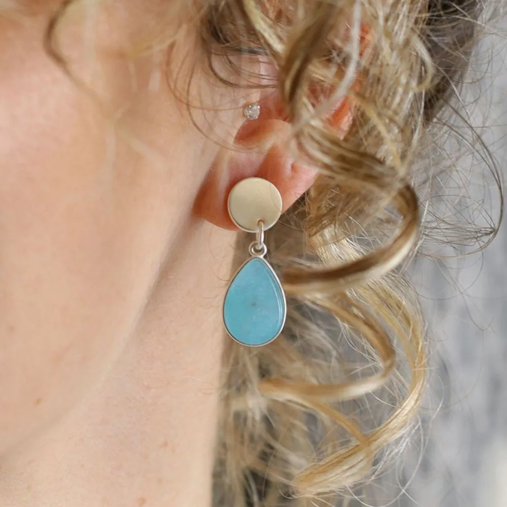 POM Matt Silver Plated Disc and Aqua Teardrop Earrings