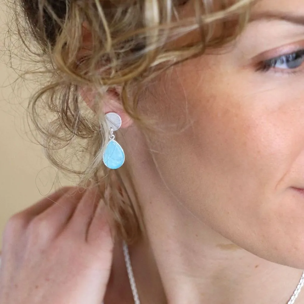 POM Matt Silver Plated Disc and Aqua Teardrop Earrings