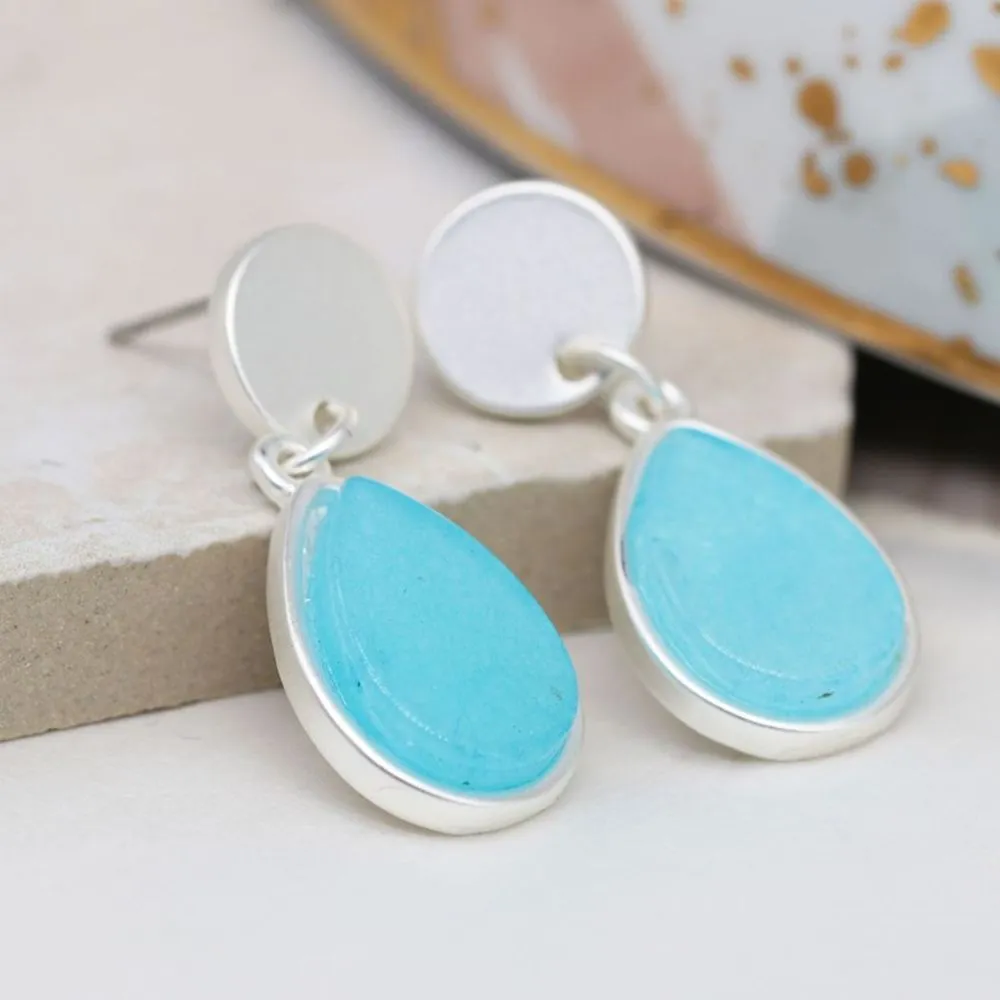 POM Matt Silver Plated Disc and Aqua Teardrop Earrings