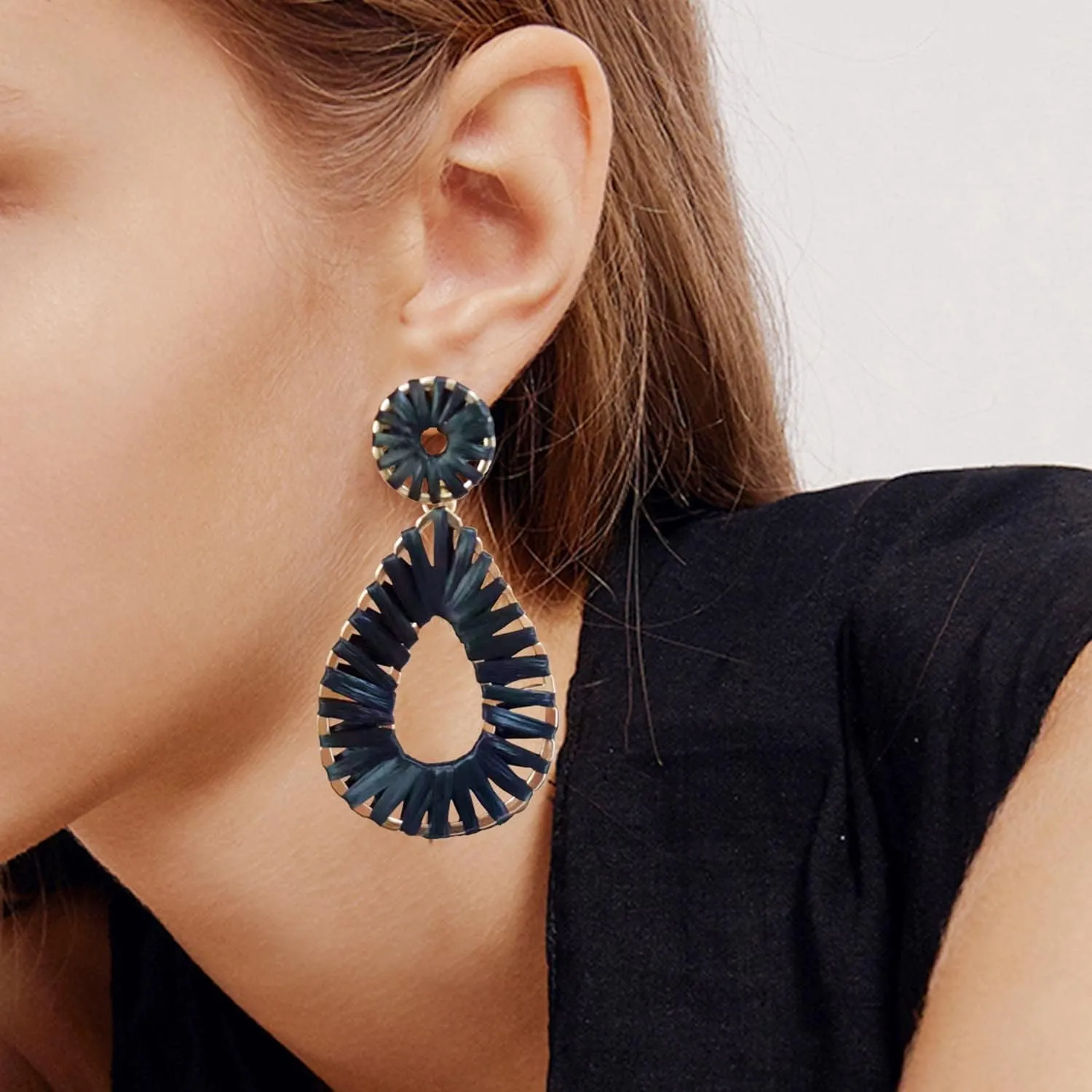 Raffia Teardrop Dangle Earrings Handmad Statement Drop Earrings