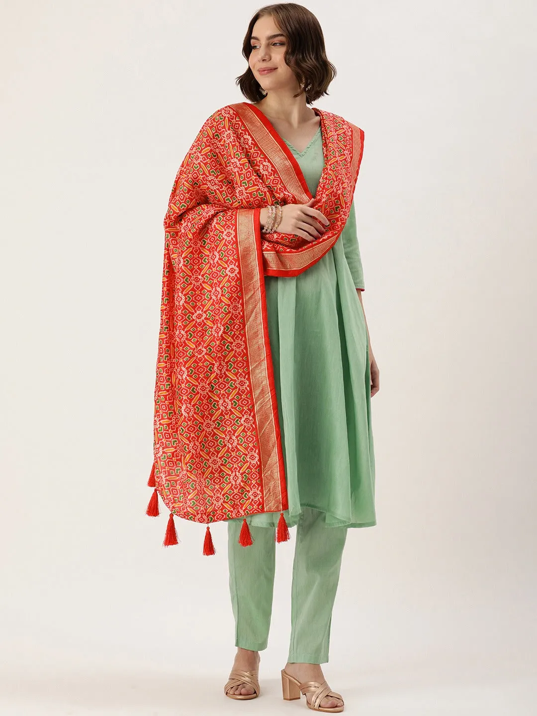 Red Color Tusser Silk Patola Printed Dupatta