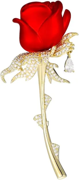 Red Rose Flowers Brooches Pins Rhinestone Brooch Cubic Zirconia Classic for Party Dance Wedding Banquet for Elegant Women Beautiful Girls Lapel Pins Dress Suit Bouquet Ceremony Accessories Jewelry