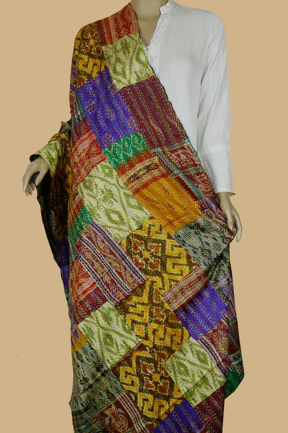 Shaded Greyish Purple Patchwork Reversible Silk Kantha Dupatta