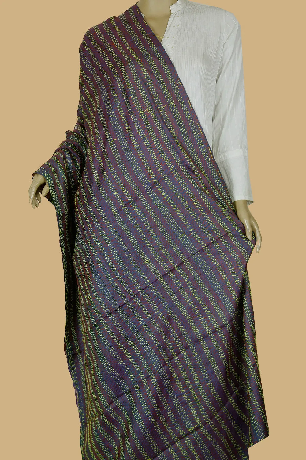 Shaded Greyish Purple Patchwork Reversible Silk Kantha Dupatta