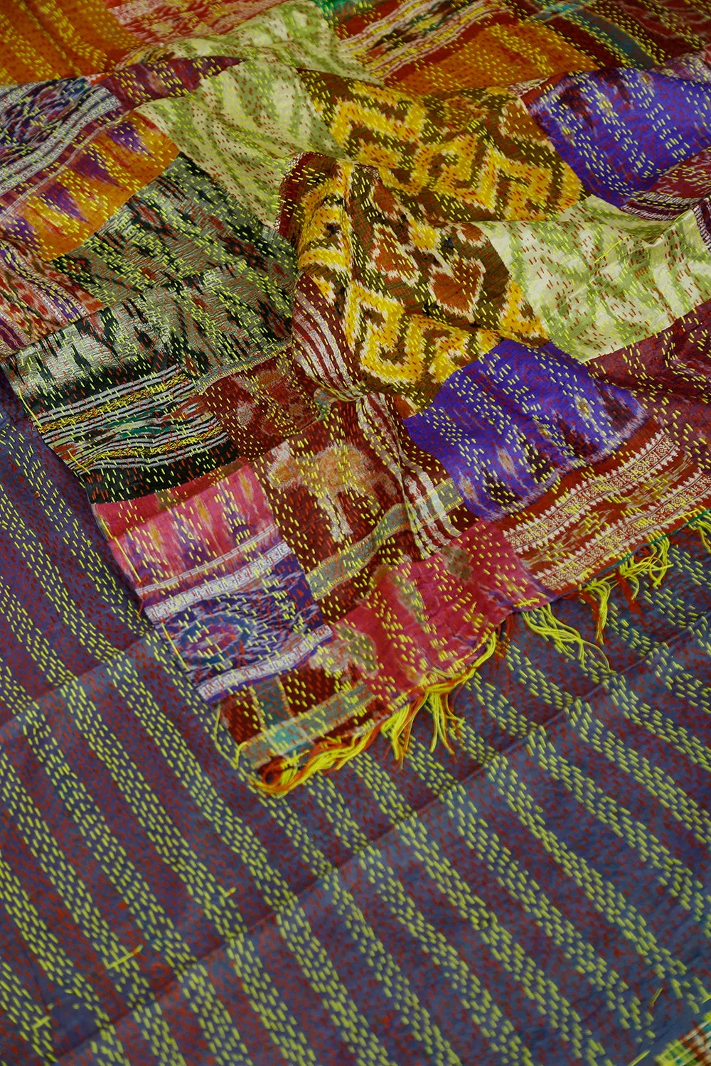 Shaded Greyish Purple Patchwork Reversible Silk Kantha Dupatta
