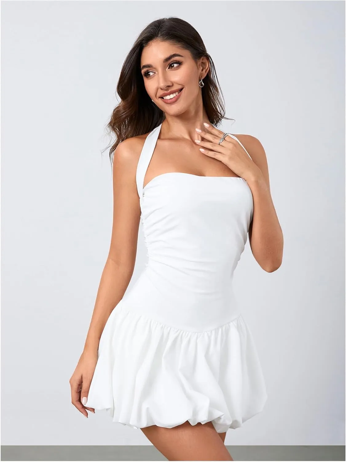 SOLY HUX Women's Bubble Mini Dress Y2K Halter Backless Club Party Graduation Short Dresses with Shorts Underneath