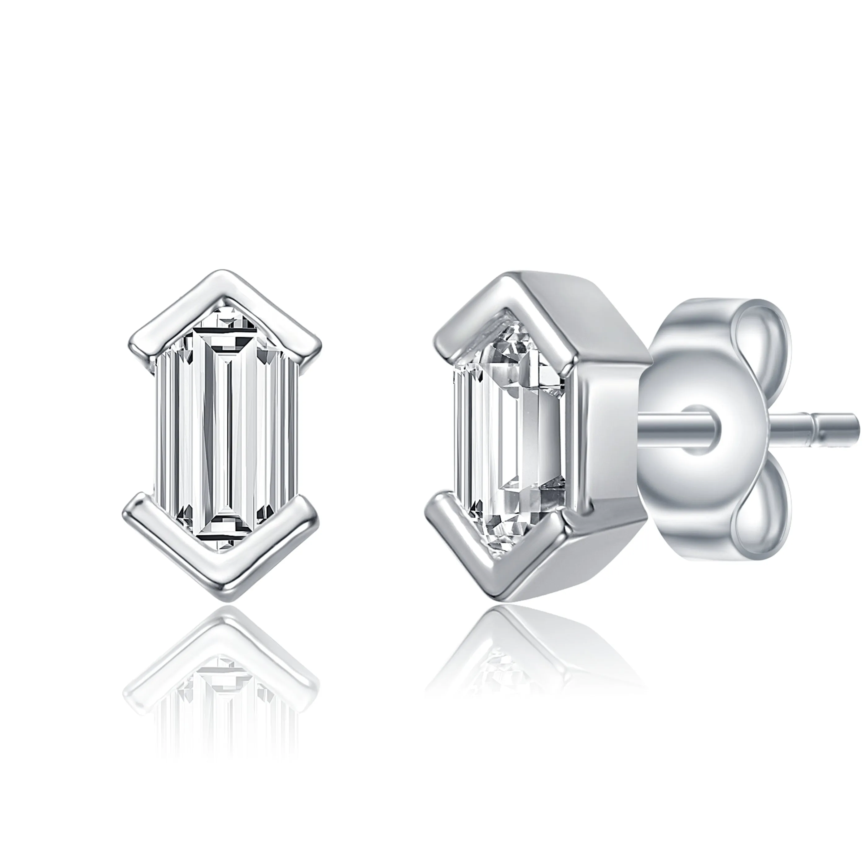 Sterling Silver Mini Cubic Zirconia Baguette Geometric Stud Earrings