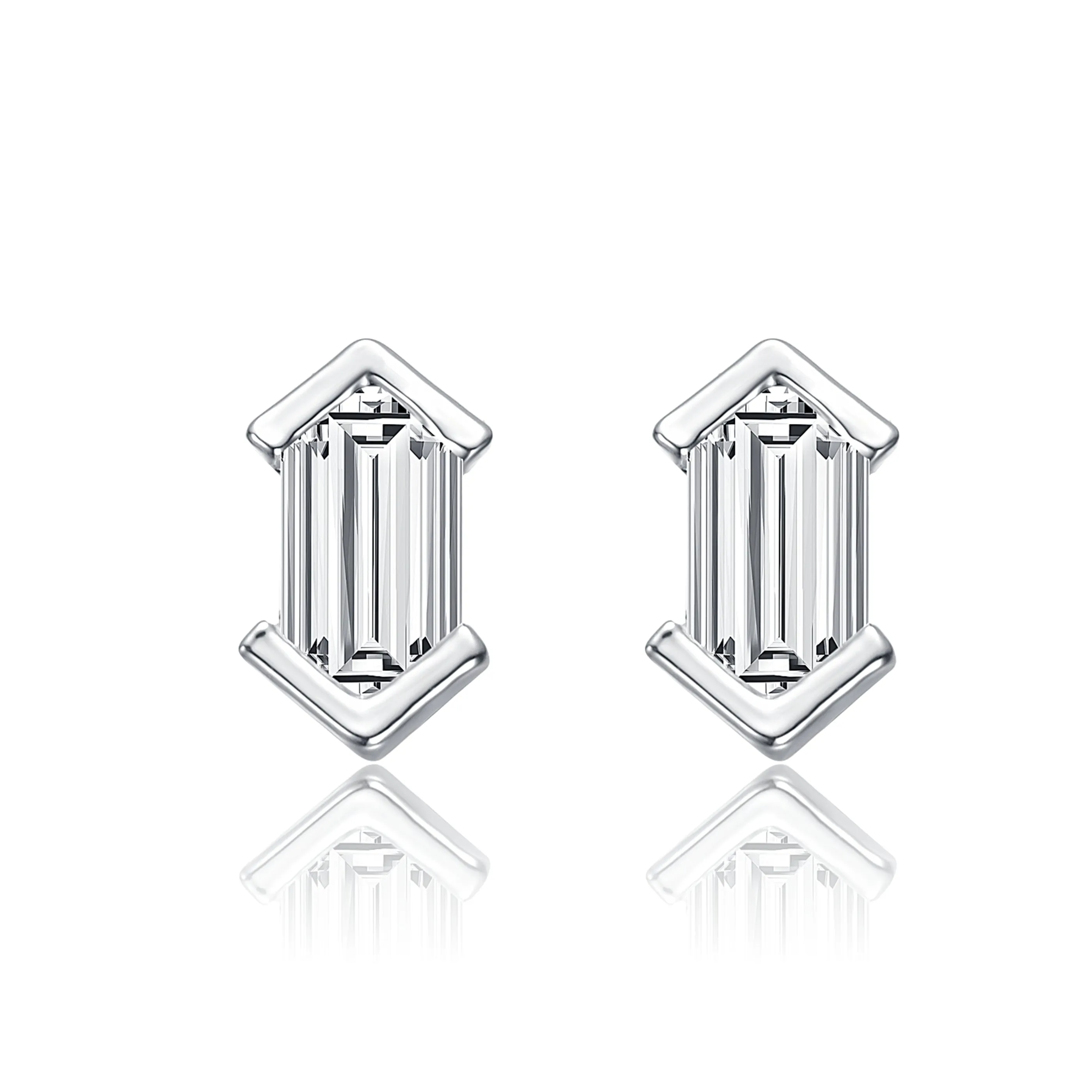 Sterling Silver Mini Cubic Zirconia Baguette Geometric Stud Earrings