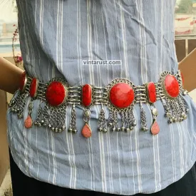 Vintage Coral Stone Belly Dance Belt, Afghan  Belt
