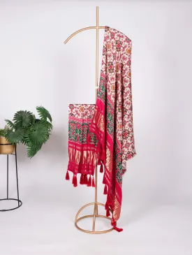 White Gaji Silk Dupatta with Digital Prints & Lagadi Patta