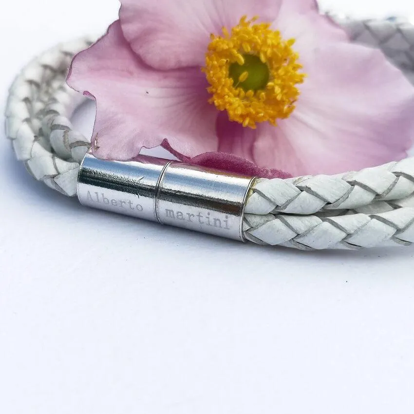 White Leather Bracelet Silver and Natural mother-of-pearl