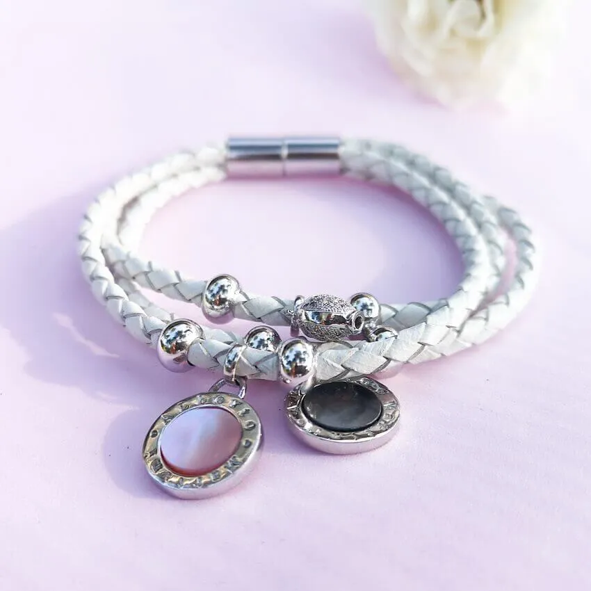 White Leather Bracelet Silver and Natural mother-of-pearl