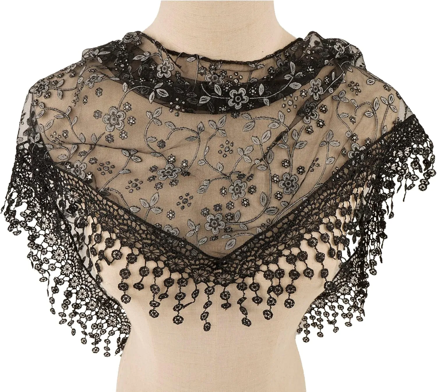 YOUR SMILE Lightweight Soft Leaf Lace Fringes Triangular Floral Fashion Towel Scarf Wrap for Women